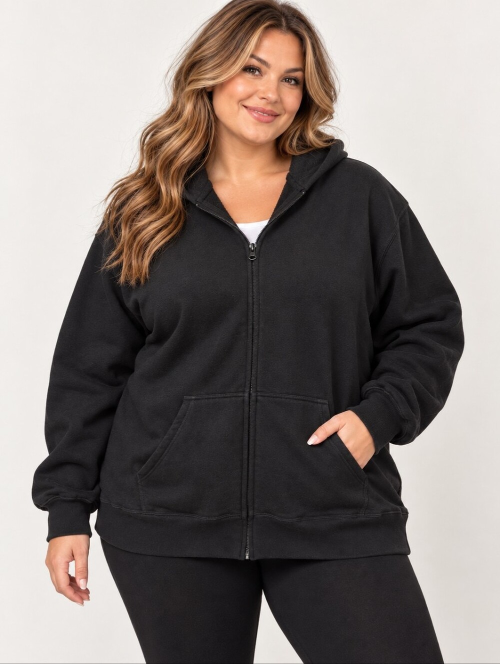Hanes EcoSmart Women Plus Full Zip Hoodie Fleece Black Size 2XL